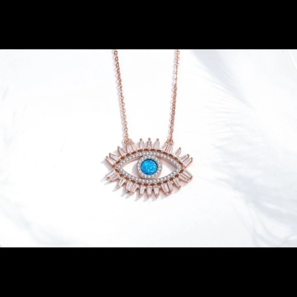 925 Sterling Silver Rose Gold Plated Crystal CZ Evil Eye Necklace